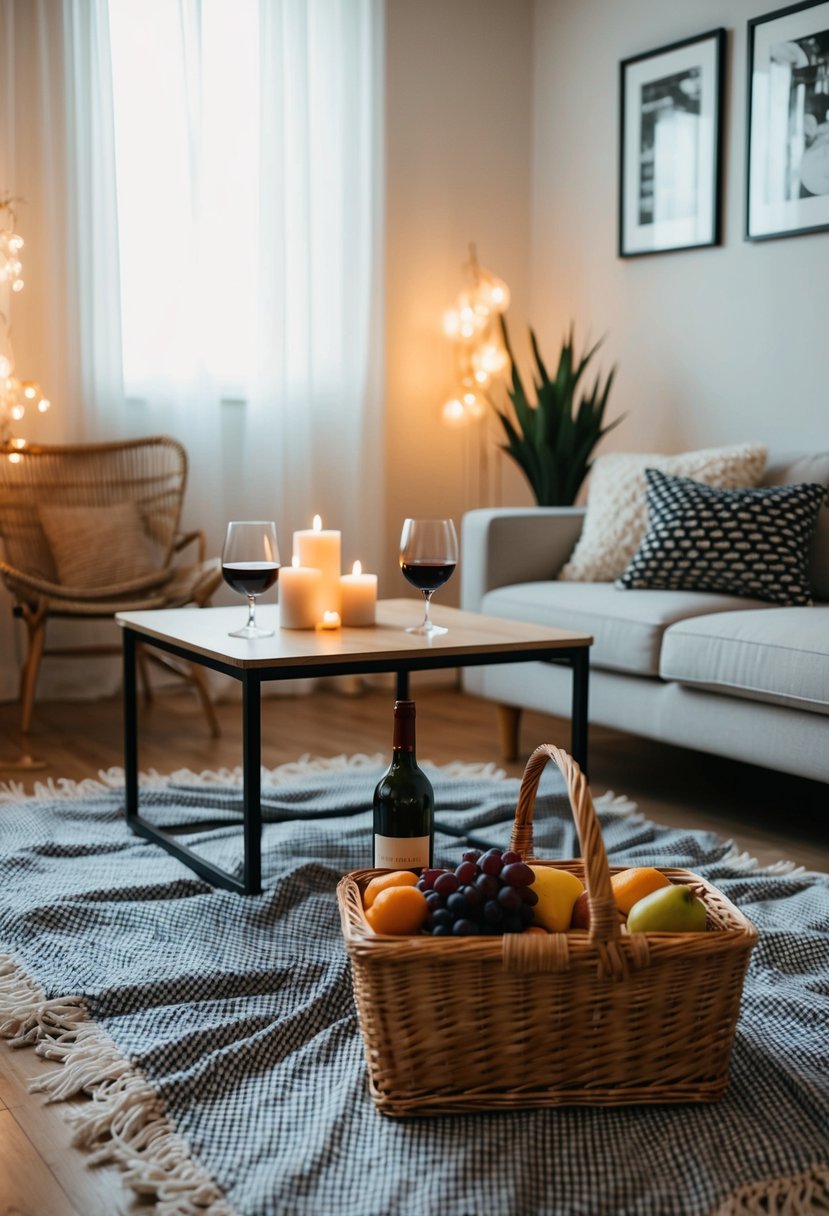 A cozy living room with a low table, a checkered picnic blanket, a wicker basket filled with fruits and wine, and soft candlelight