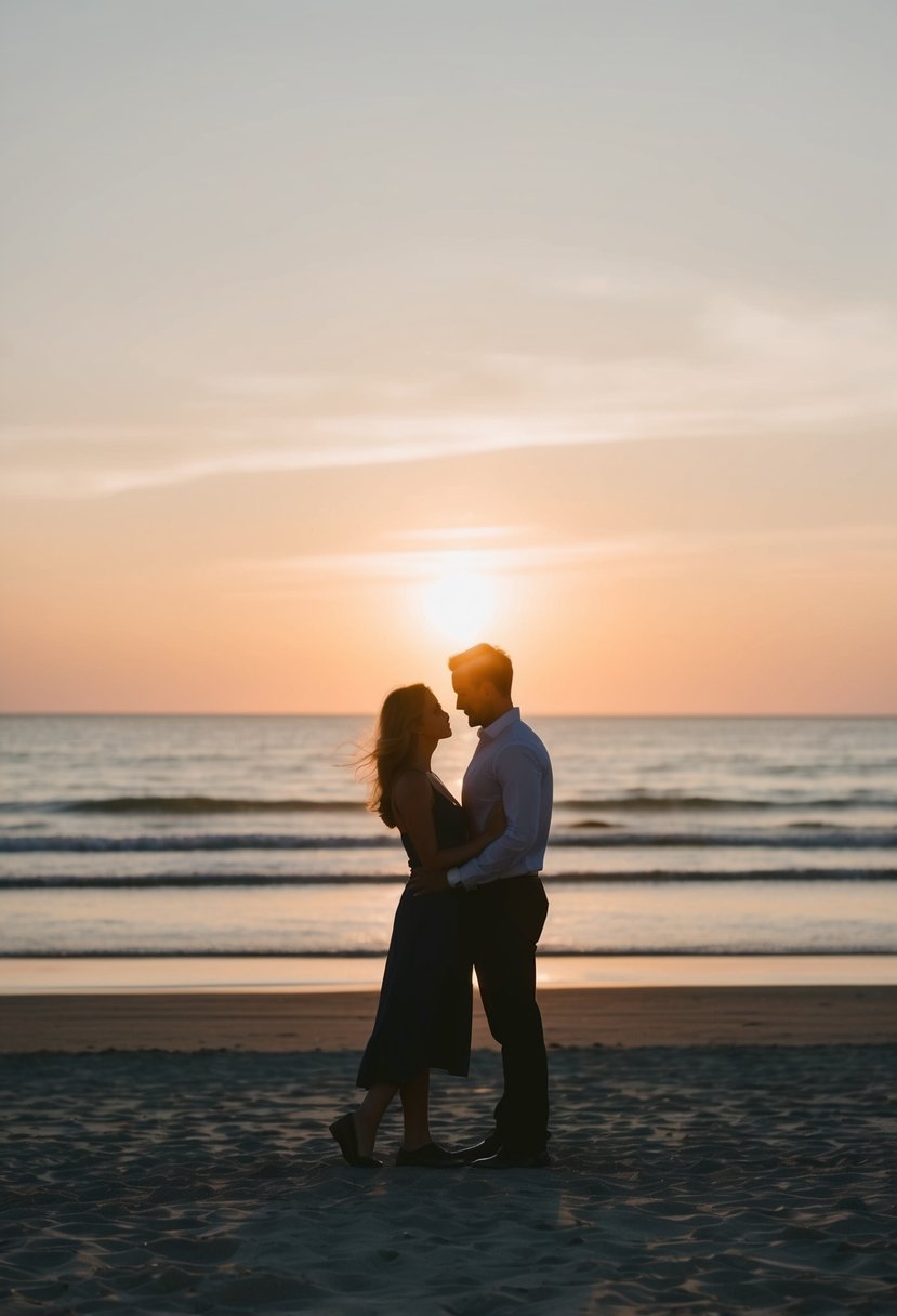 A couple stands close, silhouetted against the setting sun over the ocean on a peaceful, sandy beach