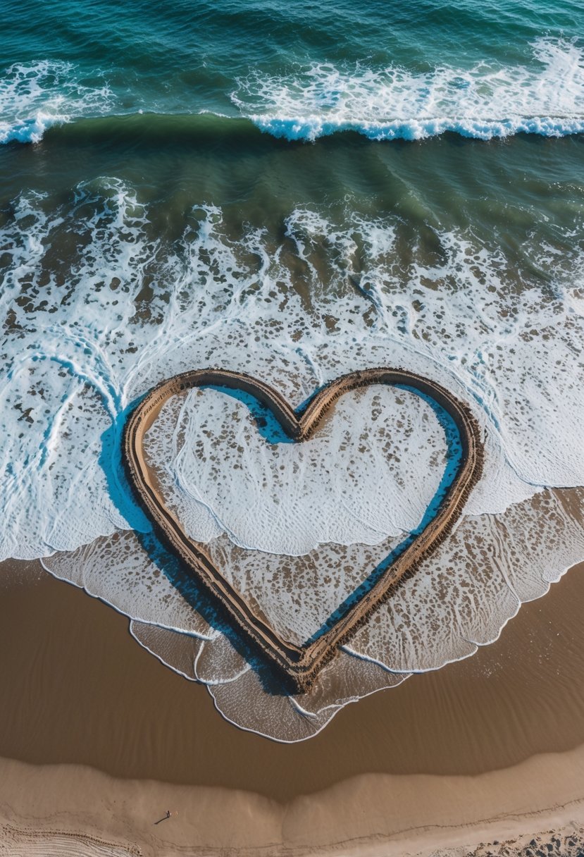 An aerial view of a heart drawn in the sand on a beach, with waves gently lapping at the shore, creating a romantic and picturesque scene for a wedding photo