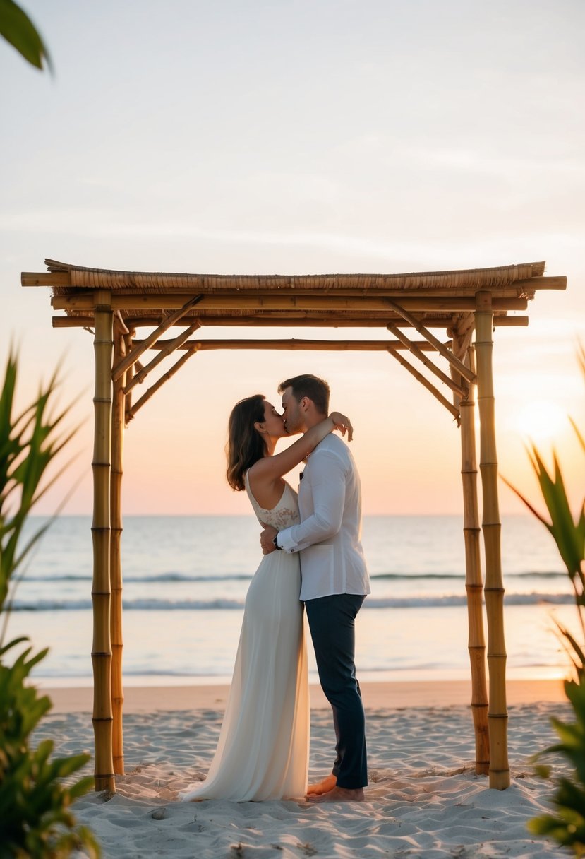 A couple kisses under a bamboo arch on a serene beach at sunset