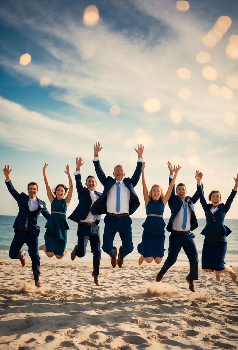 A group of figures in formal attire leaping joyfully on a sandy beach, with the ocean in the background