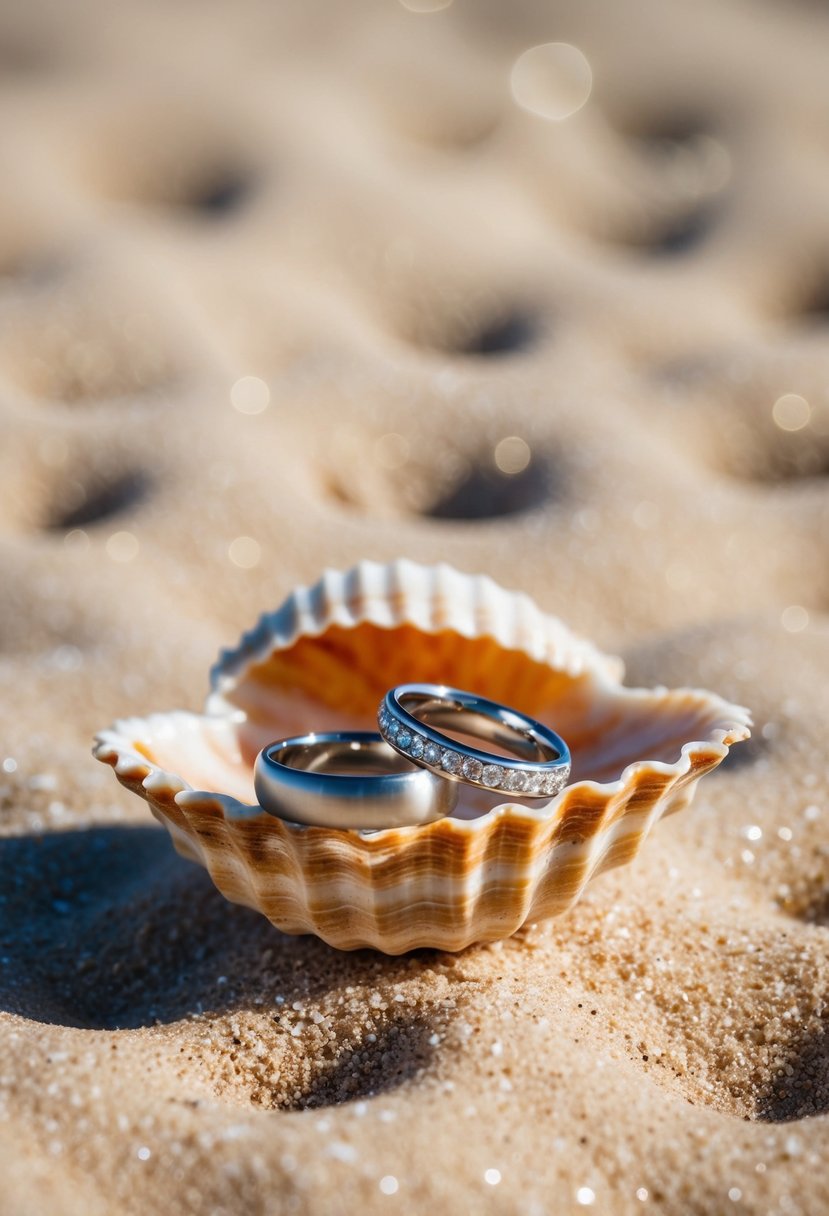 Two wedding rings nestled in a seashell on a sandy beach