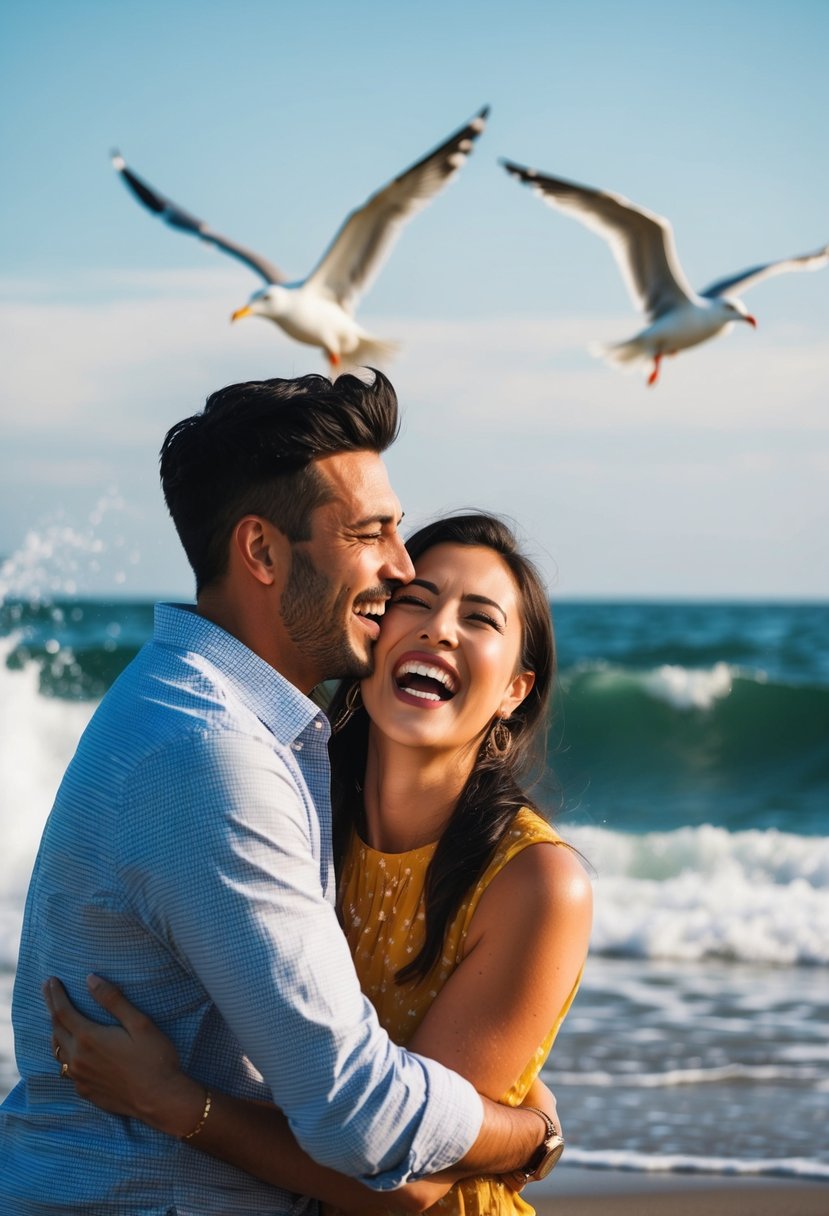 A couple's laughter by the shore, with waves crashing and seagulls flying in the background