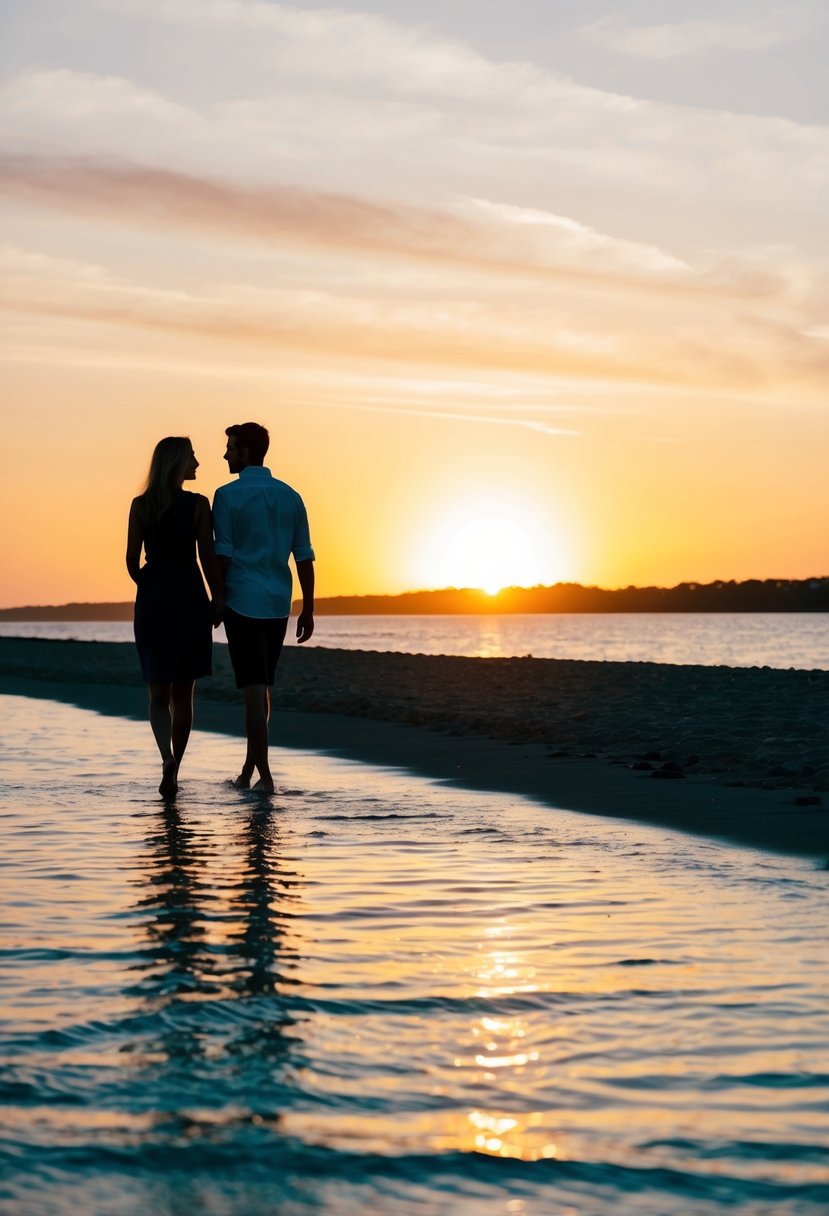 A couple's silhouettes walking along the water's edge at sunset on a beach