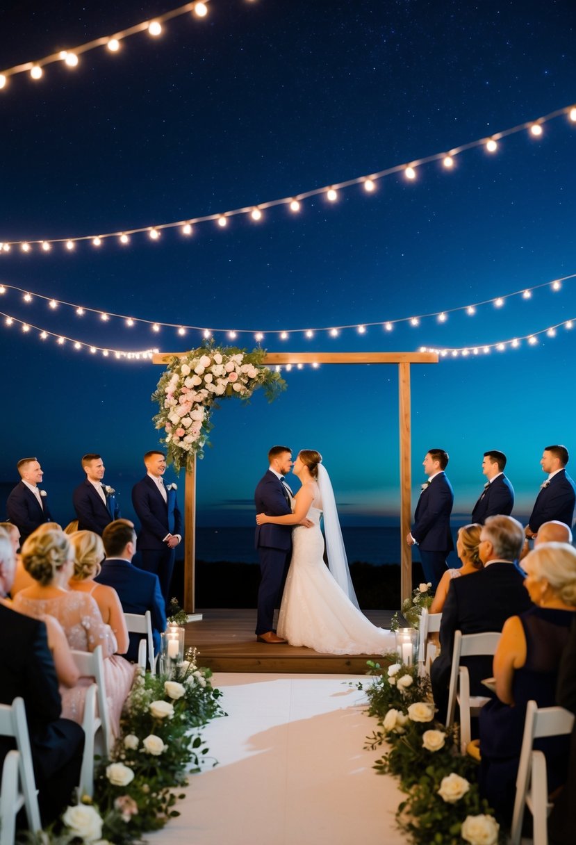 A navy blue wedding ceremony under a starry night sky with twinkling lights and elegant floral arrangements