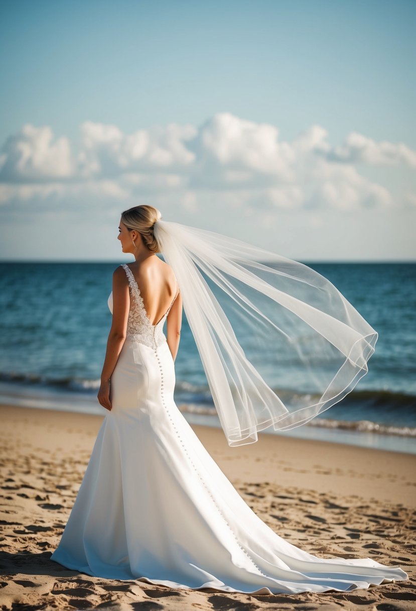 A bride's veil billows in the sea breeze on a sandy beach