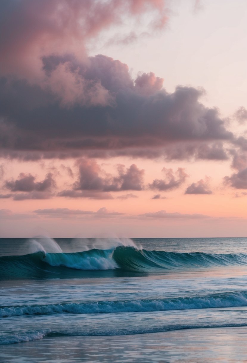 A serene beach at sunset, with navy blue waves crashing against the shore and dusty rose-colored clouds filling the sky