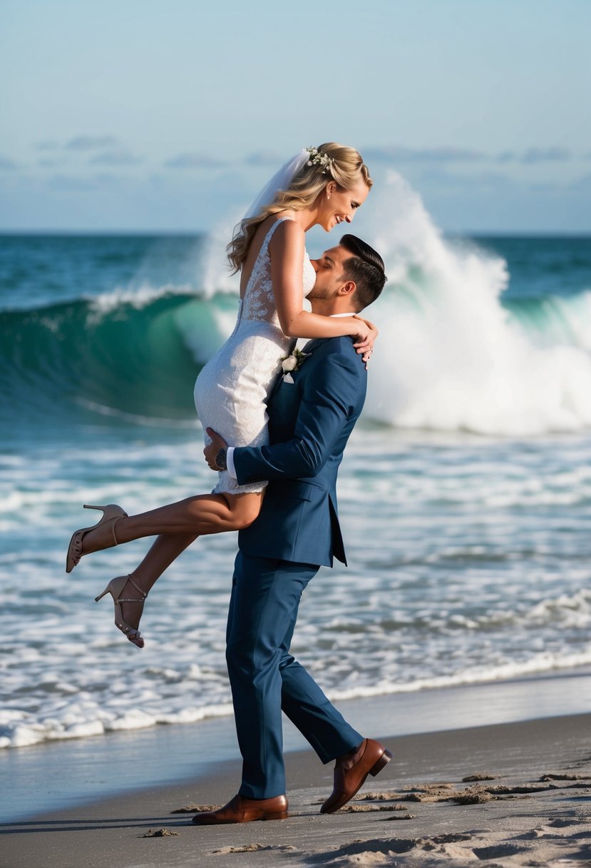 A groom lifts the bride as waves crash behind them on the beach