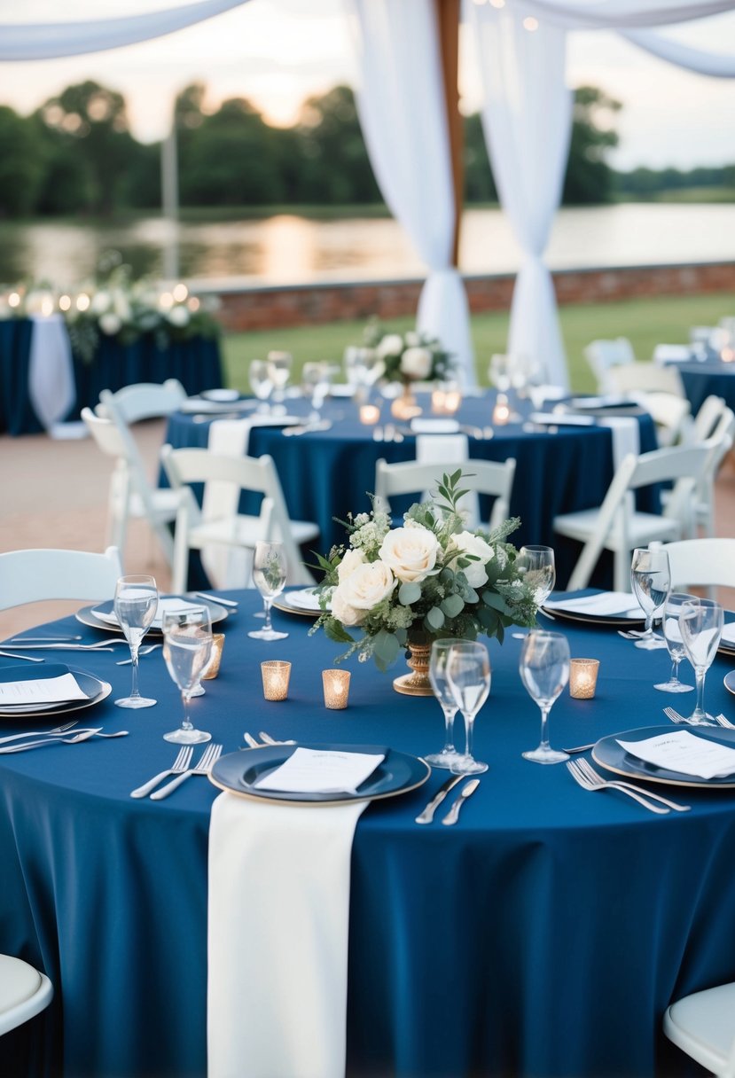 Navy blue table linens with white accents set for a wedding reception