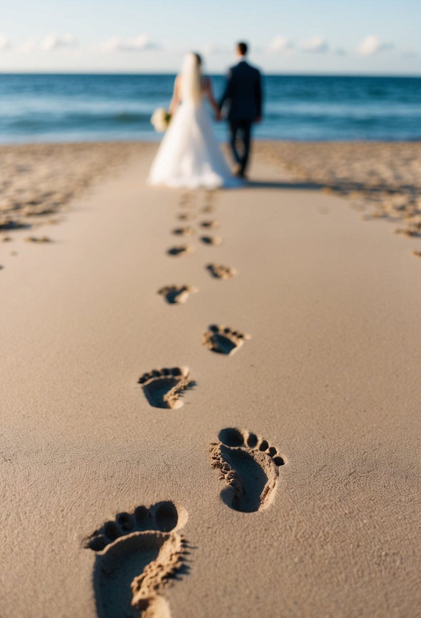 Footprints of bride and groom leading towards the ocean on a sandy beach