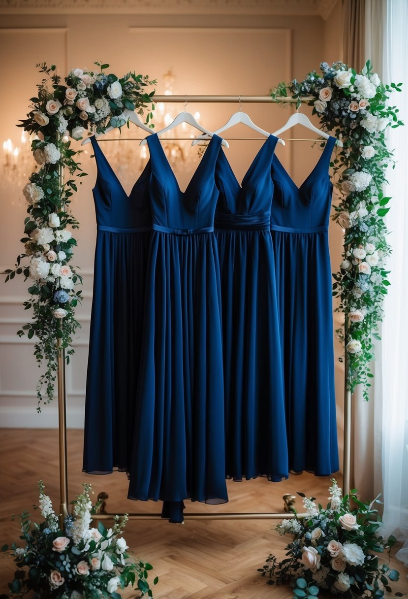 A group of navy blue bridesmaid dresses hanging on a clothing rack, surrounded by elegant wedding decor and floral arrangements