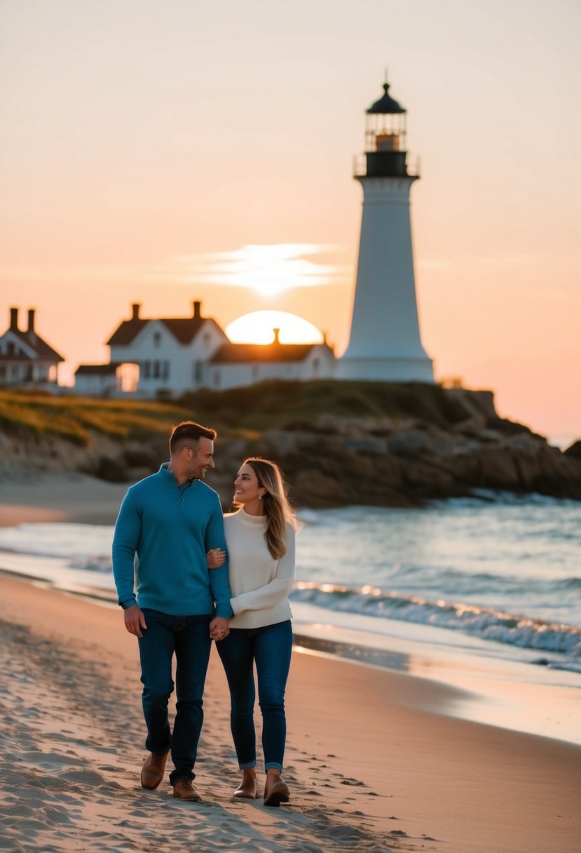 A couple strolls along the sandy beach, the iconic lighthouse stands tall in the background, with the sun setting behind it, casting a warm glow over the scene