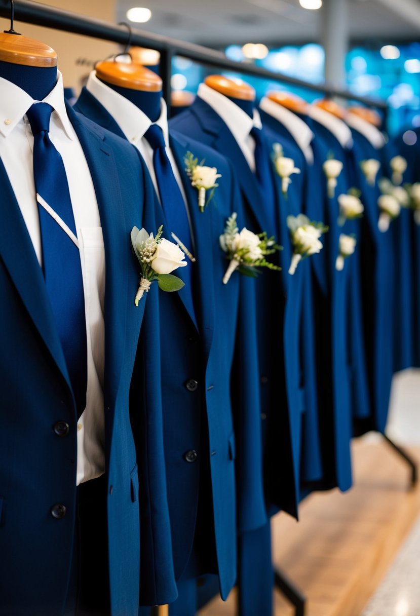 A line of navy blue suits on display, with matching ties and boutonnieres