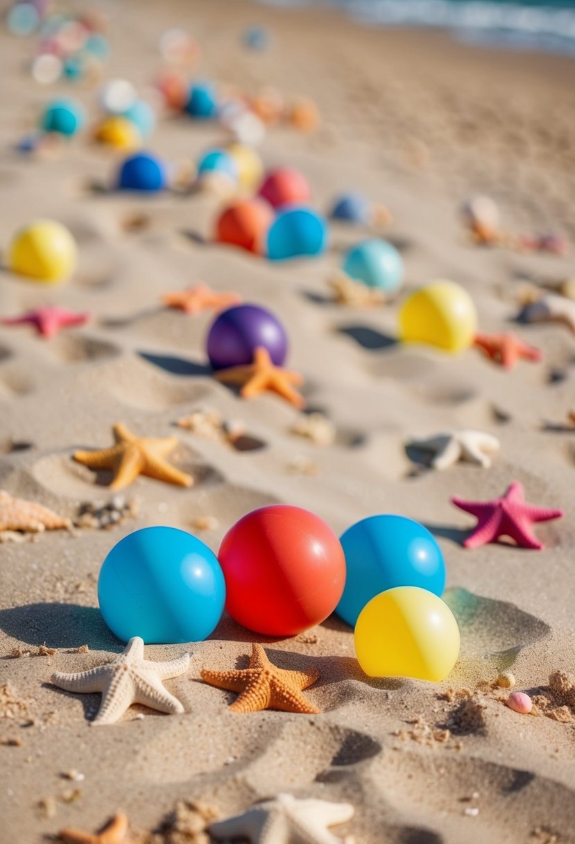 A sandy beach with scattered starfish and colorful beach balls