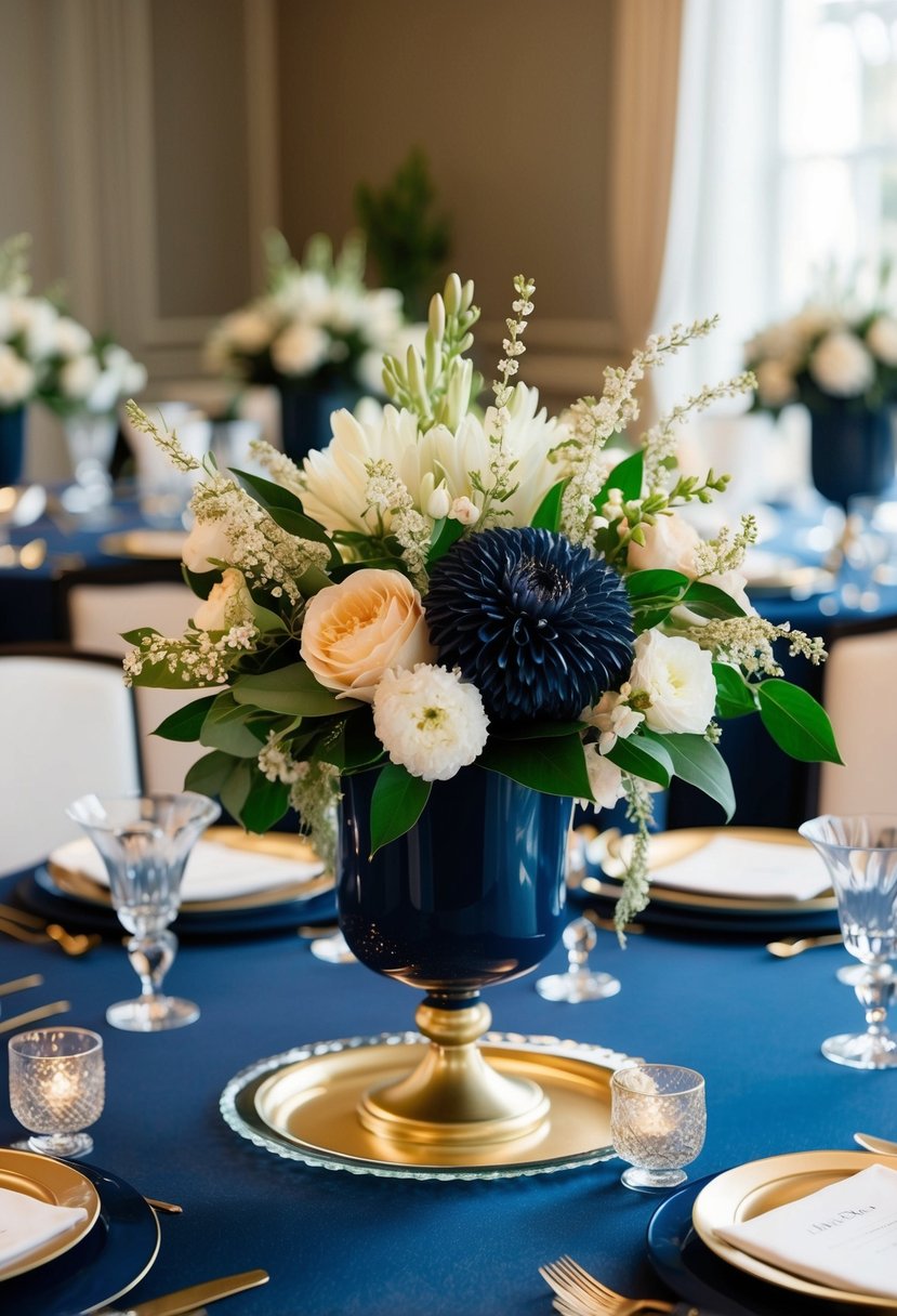 A navy and gold centerpiece with elegant floral arrangements and shimmering accents