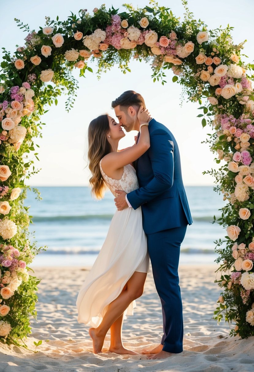 A couple embraces under a blooming floral arch on a sandy beach