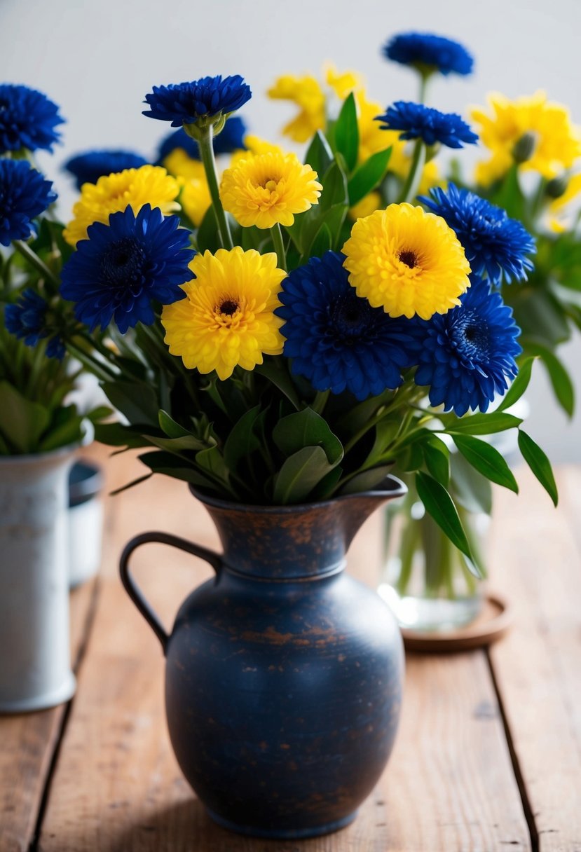 Navy blue and yellow flowers arranged in a rustic vase on a wooden table