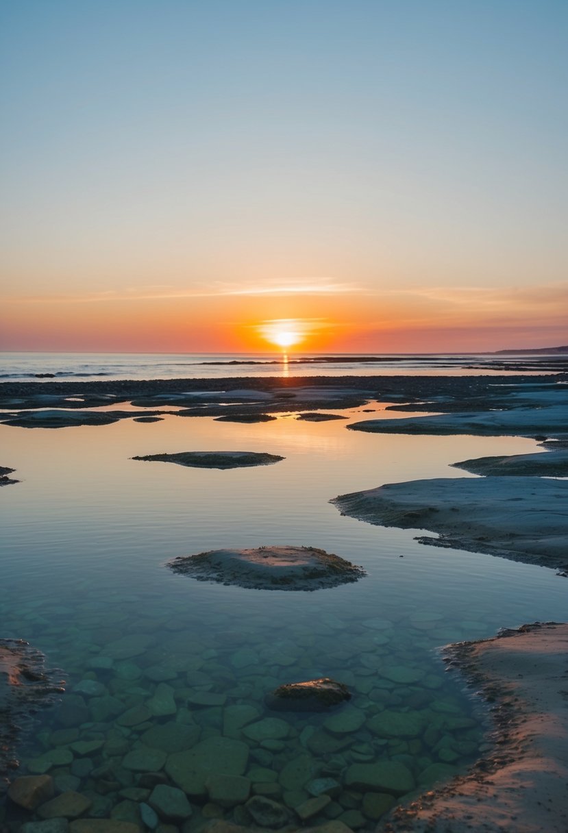 Sunset reflects in coastal tide pools, creating a serene backdrop for a beach wedding photo