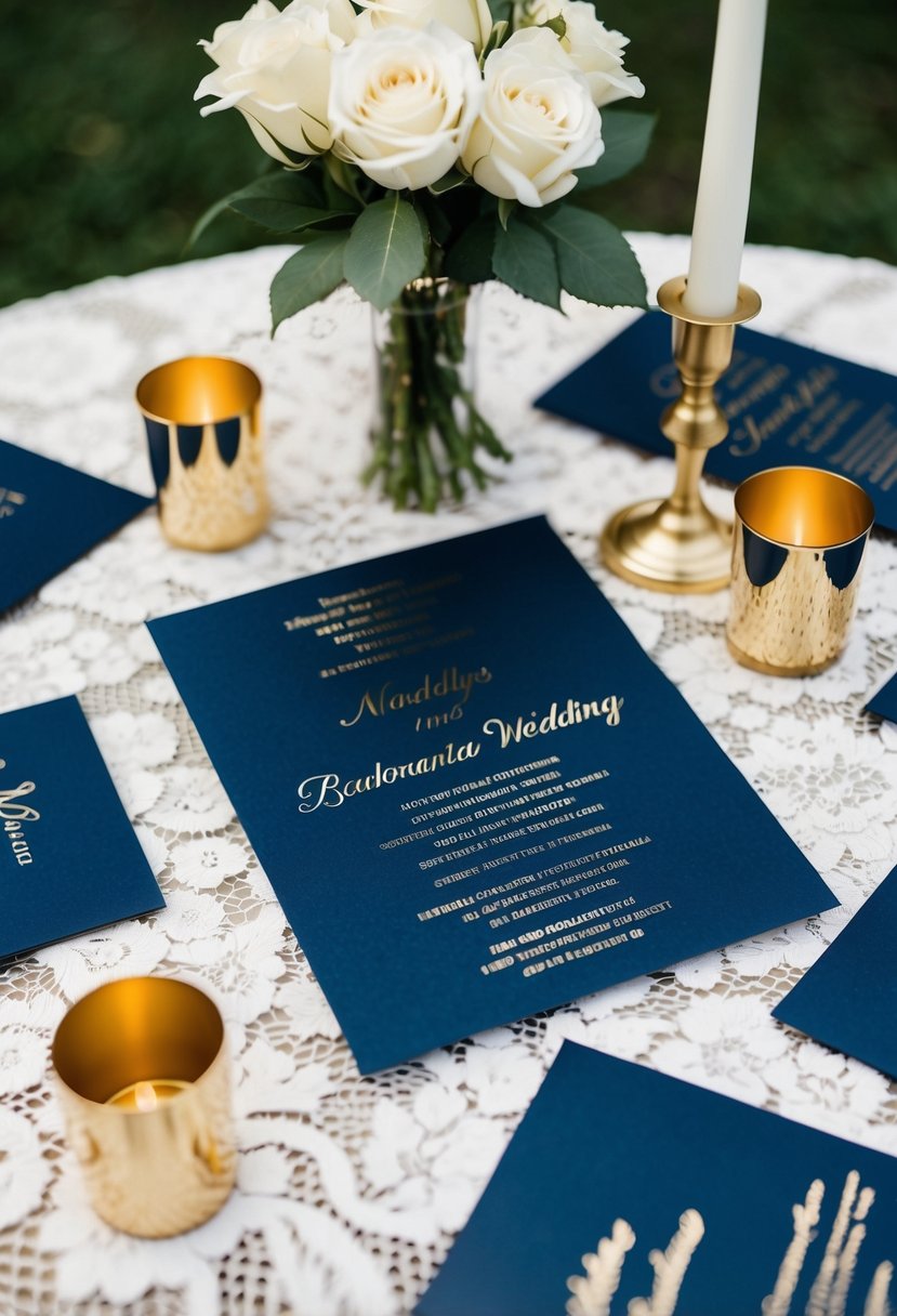 Navy blue invitations with gold foil arranged on a white lace tablecloth with a bouquet of white roses and gold candle holders