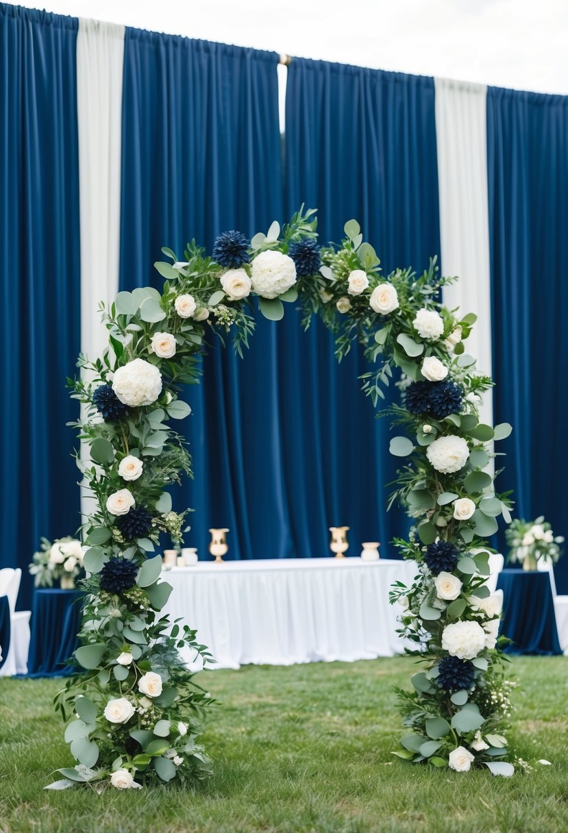 A floral arch in navy and sage green, set against a backdrop of navy blue wedding decor