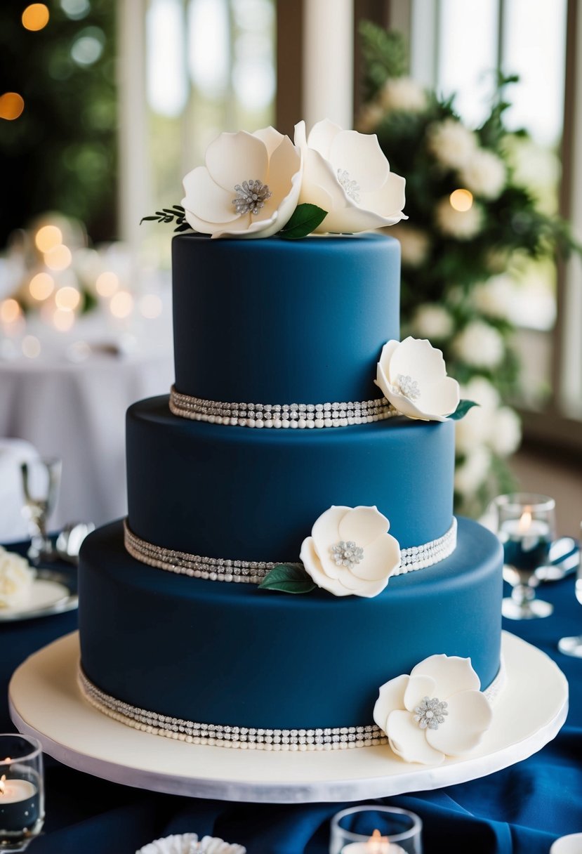 A three-tier navy blue wedding cake with white fondant, adorned with delicate white sugar flowers and silver detailing