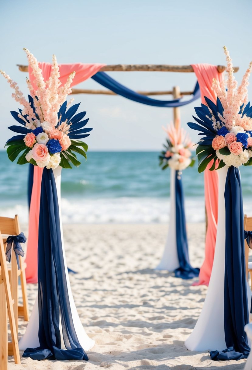 A beach ceremony with navy blue and coral decor, including flowers, ribbons, and beach-themed elements