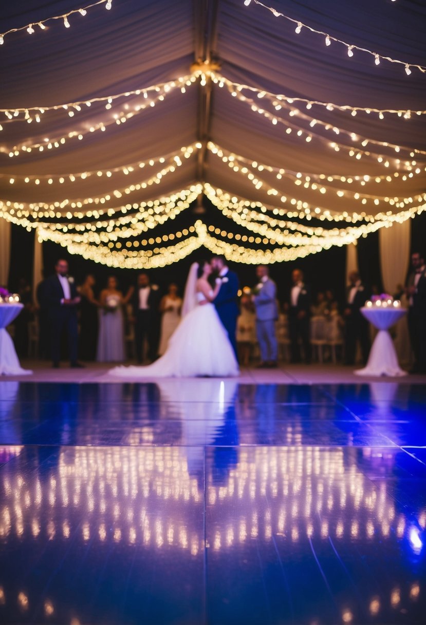 A navy blue dance floor is adorned with twinkling fairy lights, creating a magical and romantic ambiance for a wedding celebration