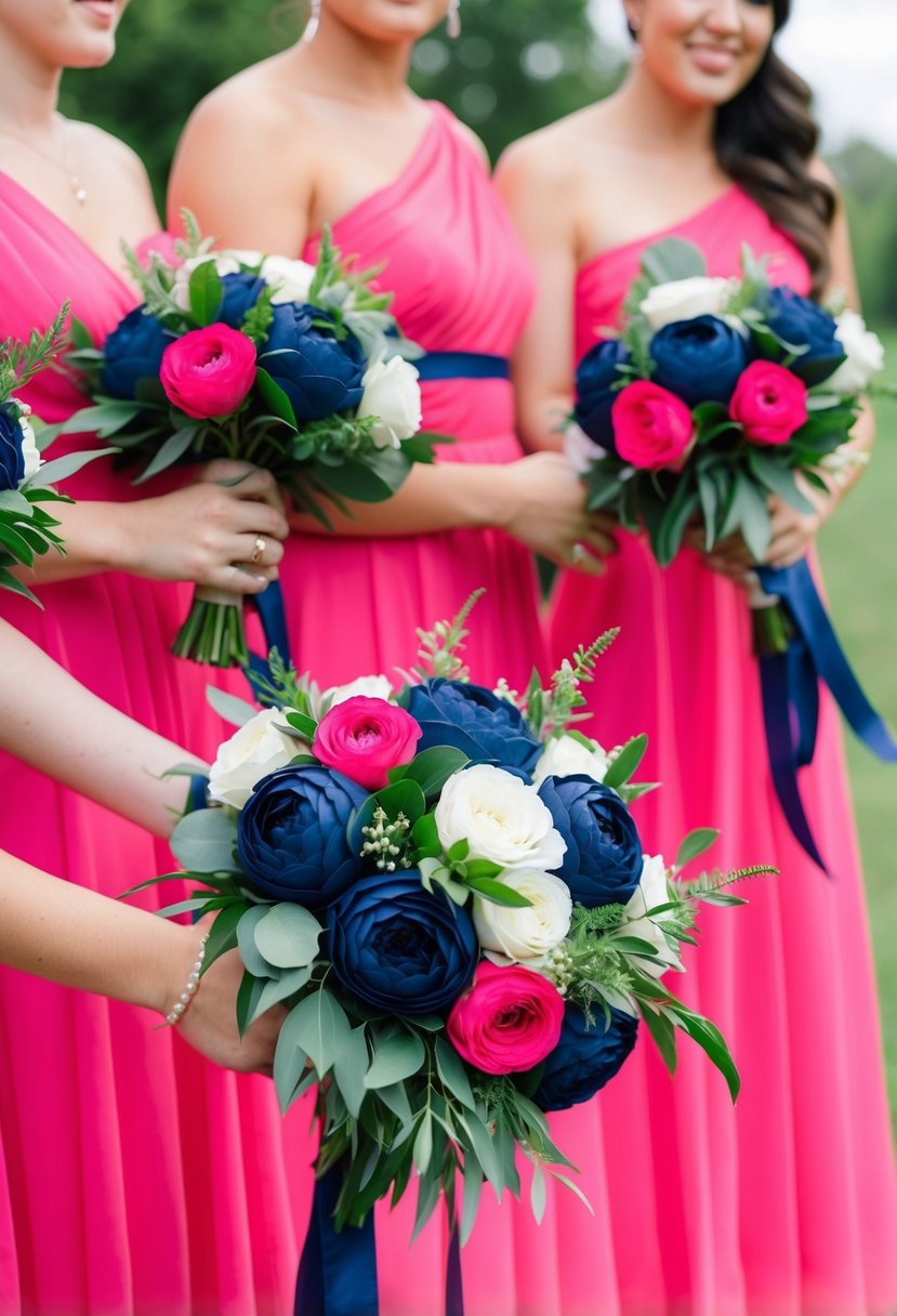 Navy blue and hot pink bridesmaid bouquets arranged in a cascading style with greenery and ribbon accents