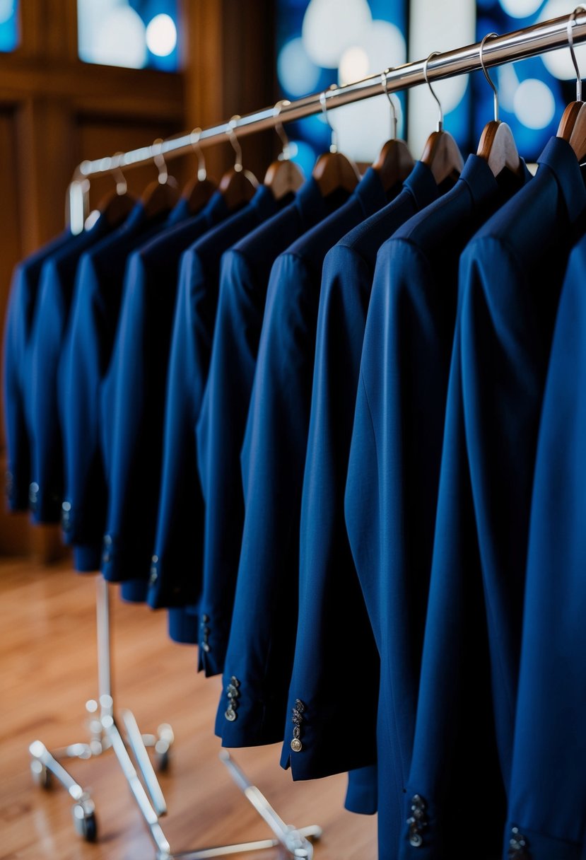 A group of navy blazers neatly hung on a rack, ready for the groom's party at a navy blue-themed wedding