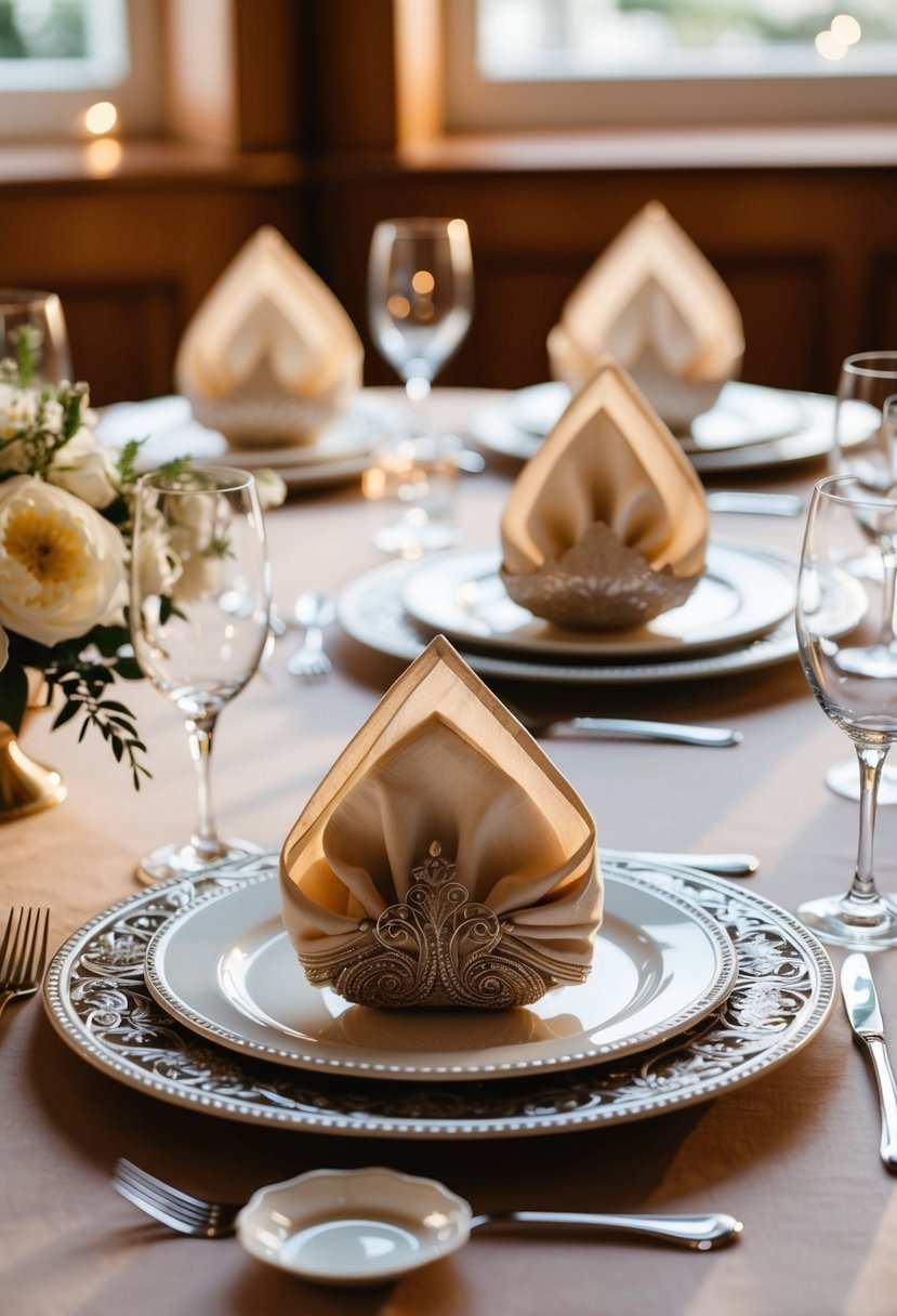 A table set with elegant napkins folded into intricate designs for a wedding celebration