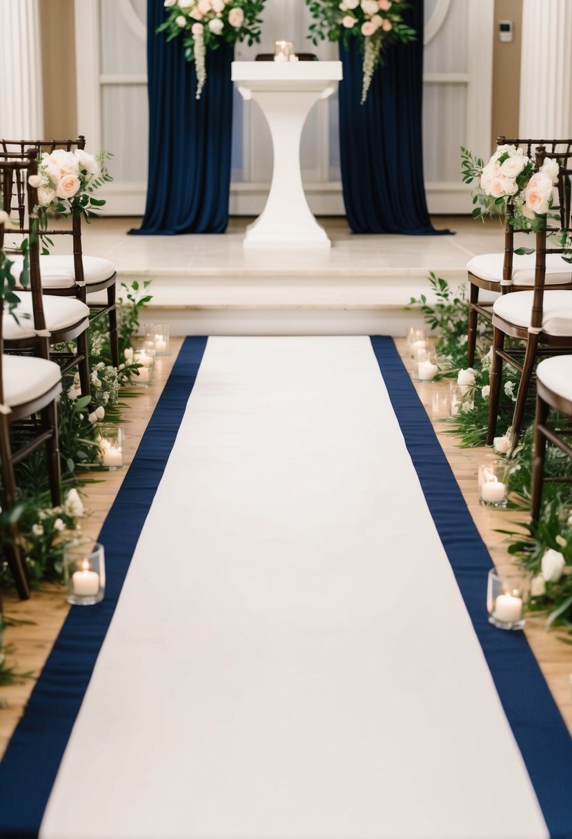 A navy blue aisle runner leading to an elegant wedding altar with floral accents