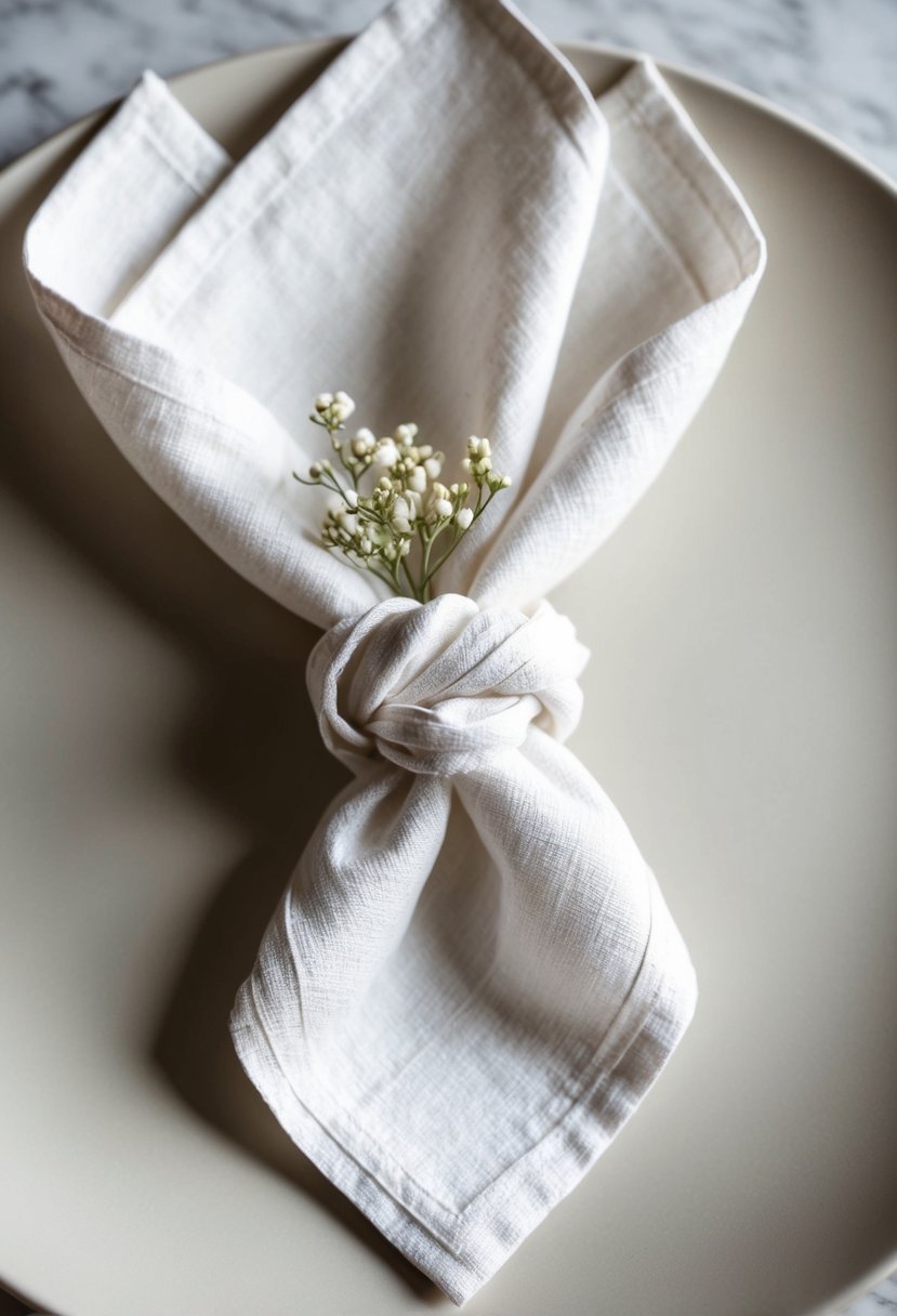 A white linen napkin folded into an intricate and elegant knot shape, adorned with a delicate floral accent