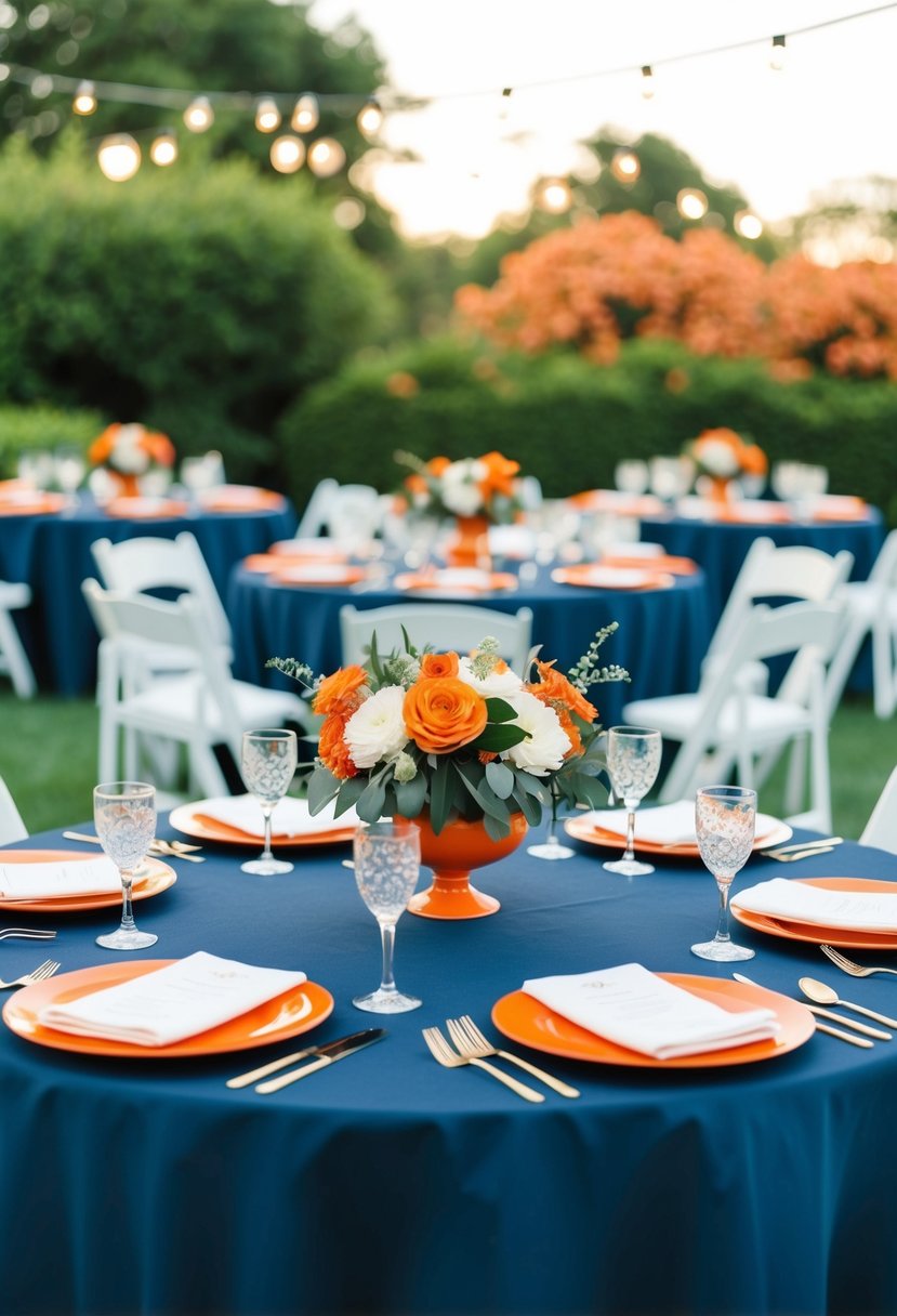 A navy blue tablecloth with orange place settings and floral centerpieces