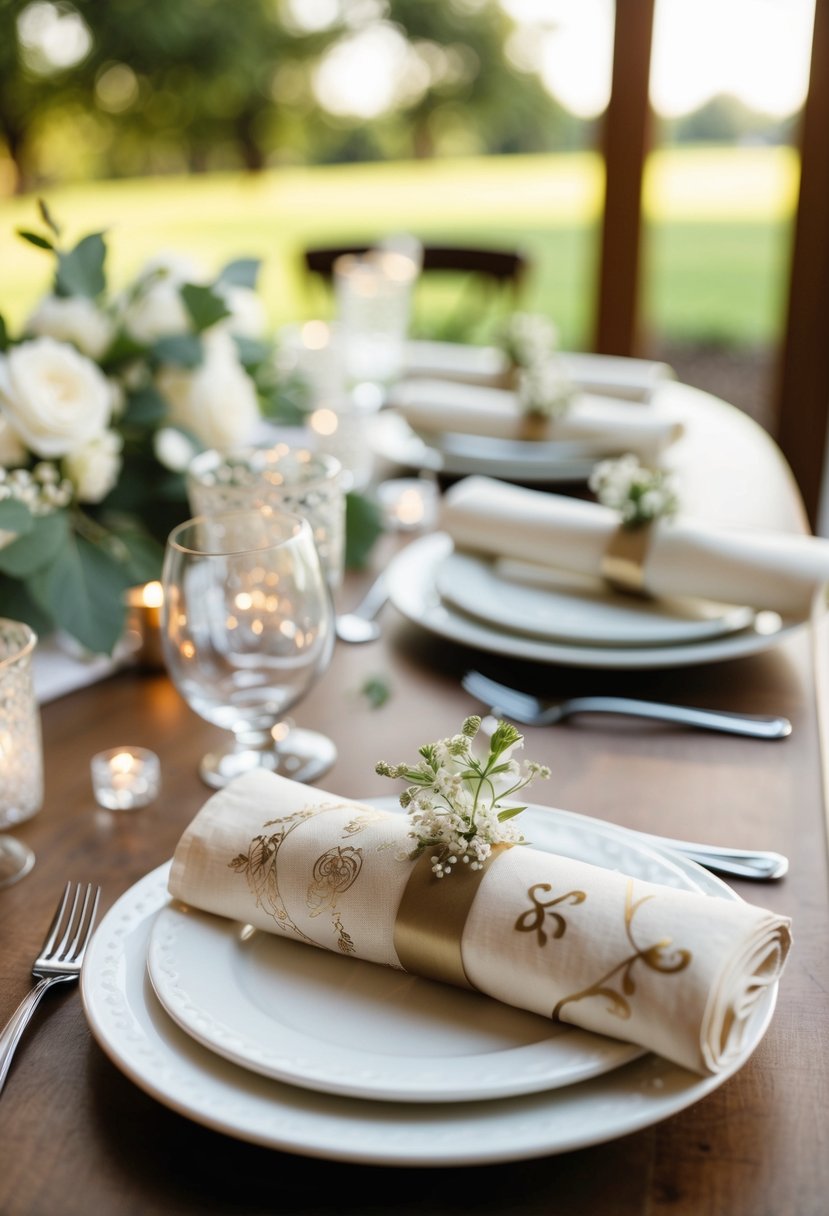 A table set with casually rolled napkins in various wedding-themed designs