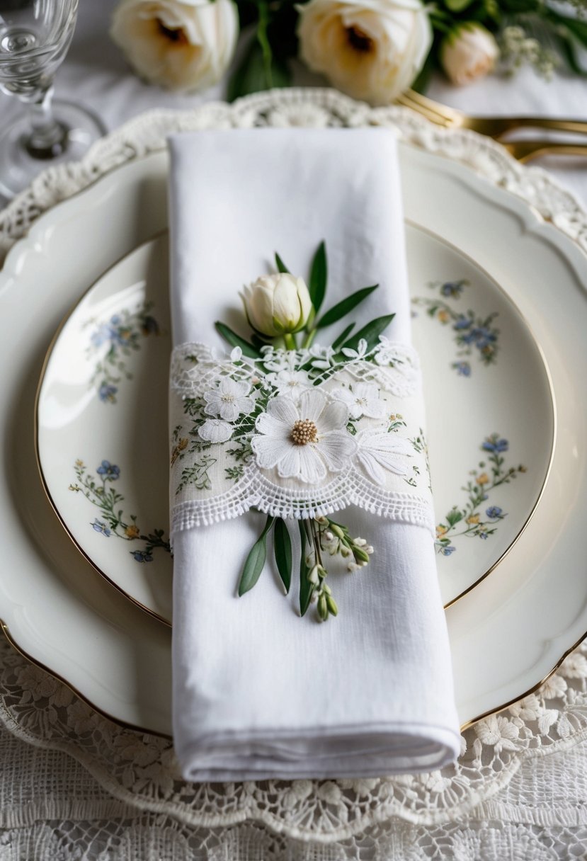 A white wedding napkin with an elegant wrapped plate design, adorned with delicate floral motifs and intricate lace details