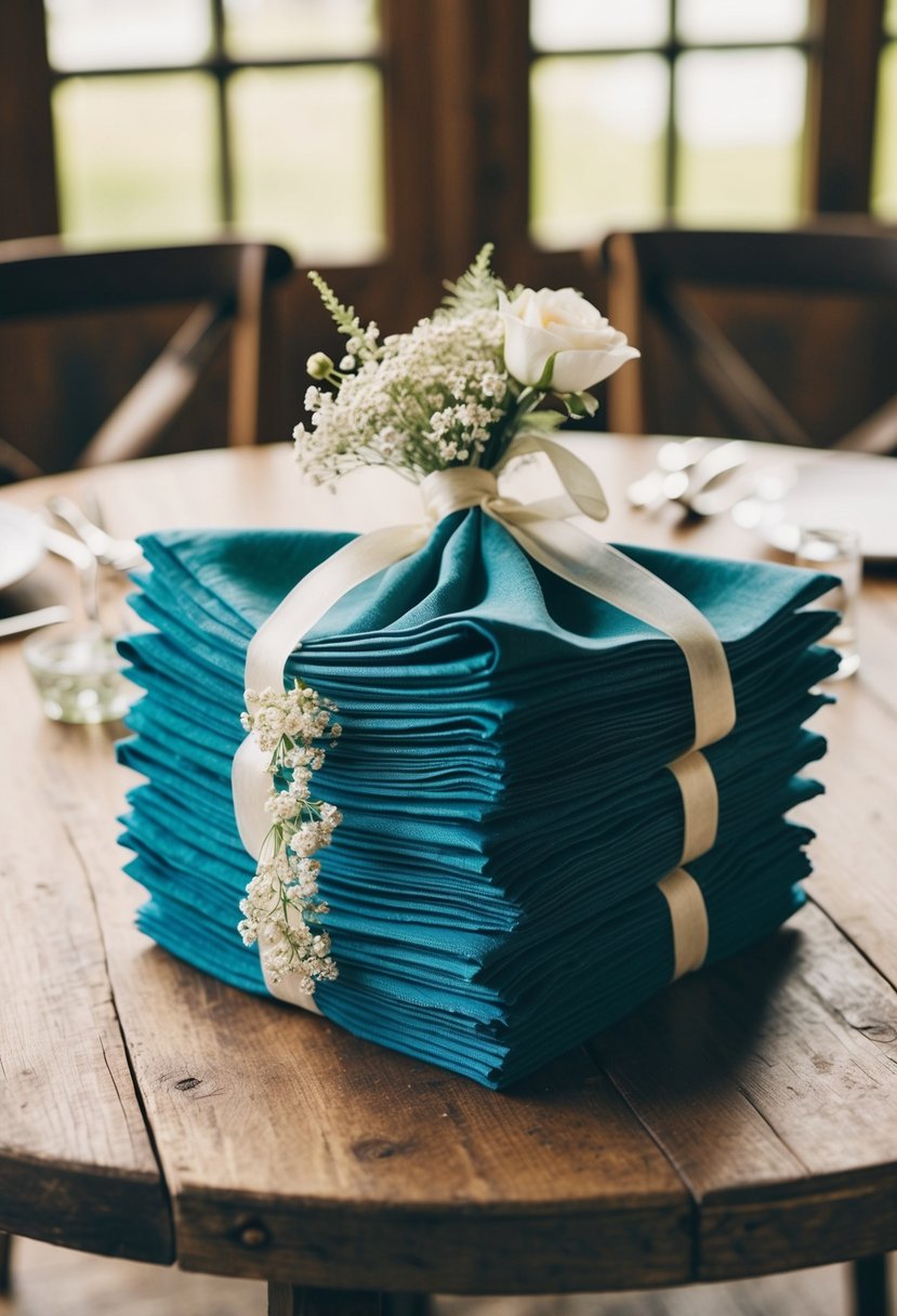 A stack of loosely gathered wedding napkins arranged on a rustic wooden table, adorned with delicate floral accents