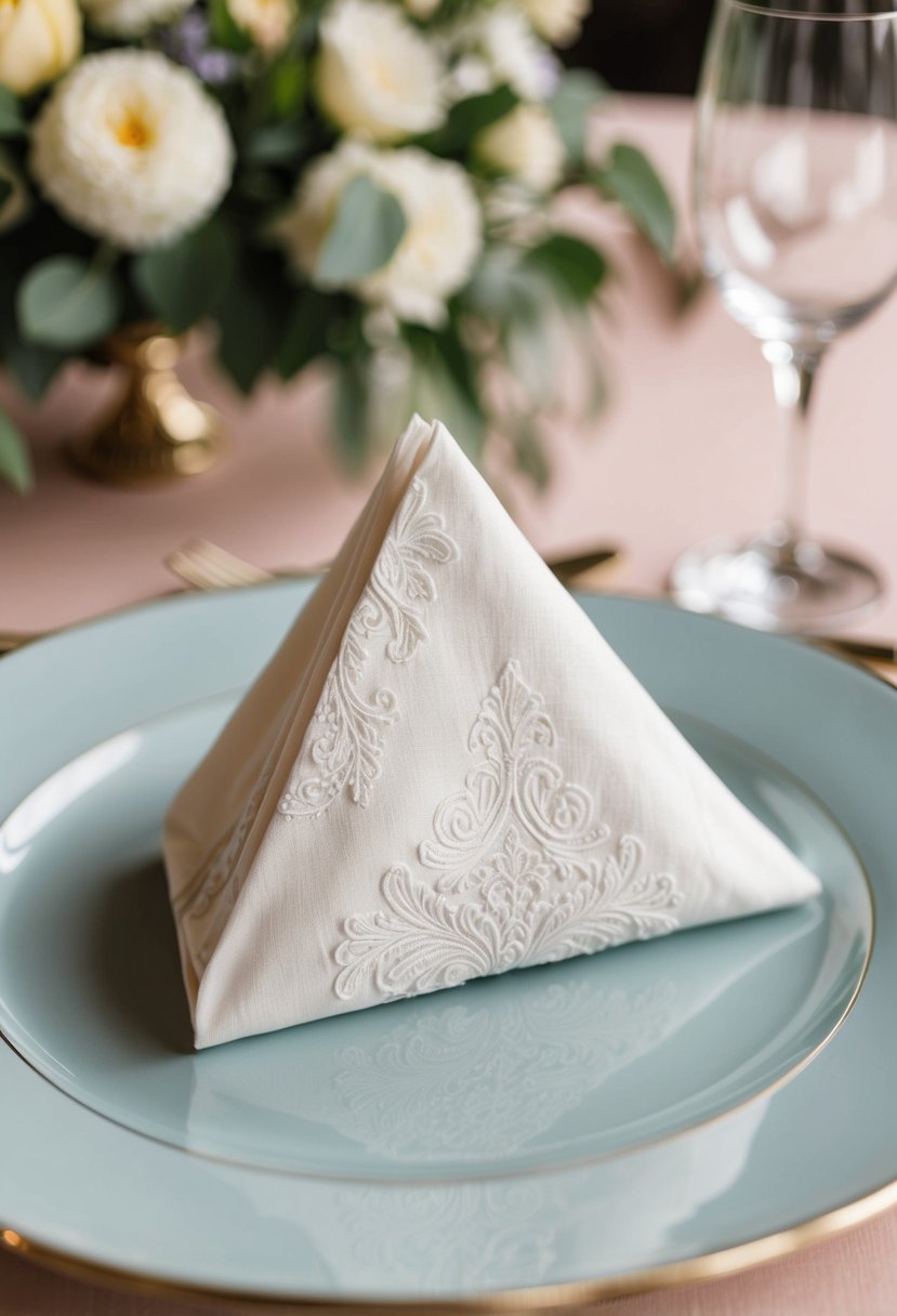 A tri-fold pocket napkin with elegant wedding-themed designs and intricate folds