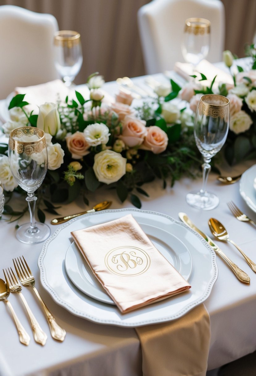 A beautifully decorated wedding table with foil-stamped monogram napkins arranged alongside elegant tableware and floral centerpieces