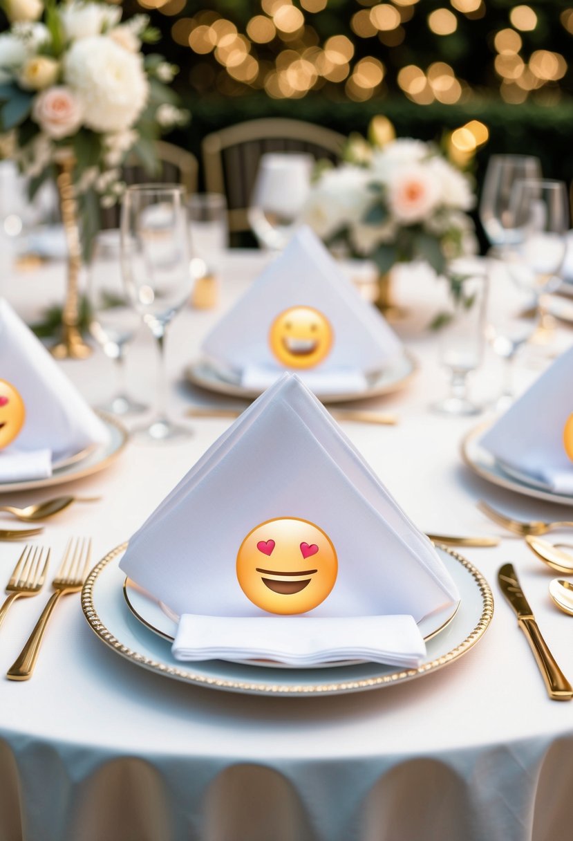 A table set with elegant white napkins featuring custom Bitmoji designs for a wedding celebration