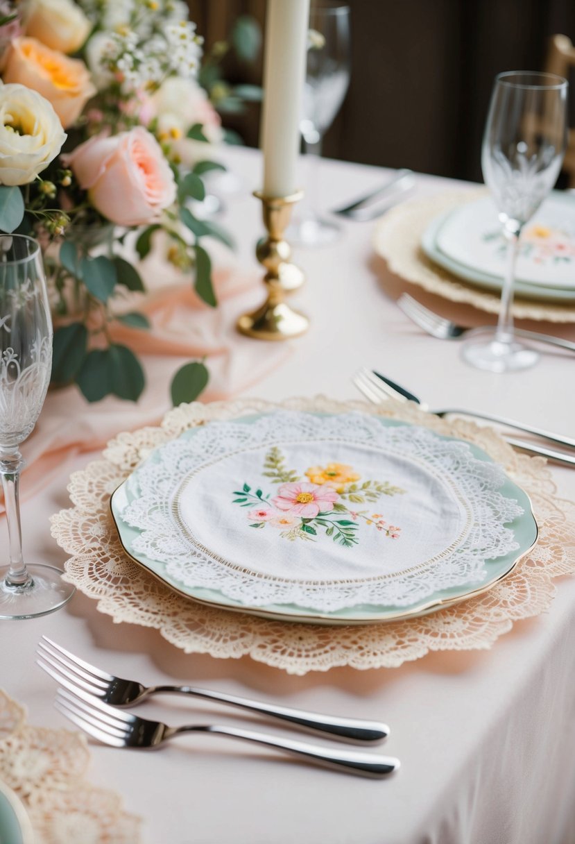 A table set with delicate lace napkins adorned with floral motifs and soft pastel colors, creating a romantic and sentimental atmosphere for a wedding celebration