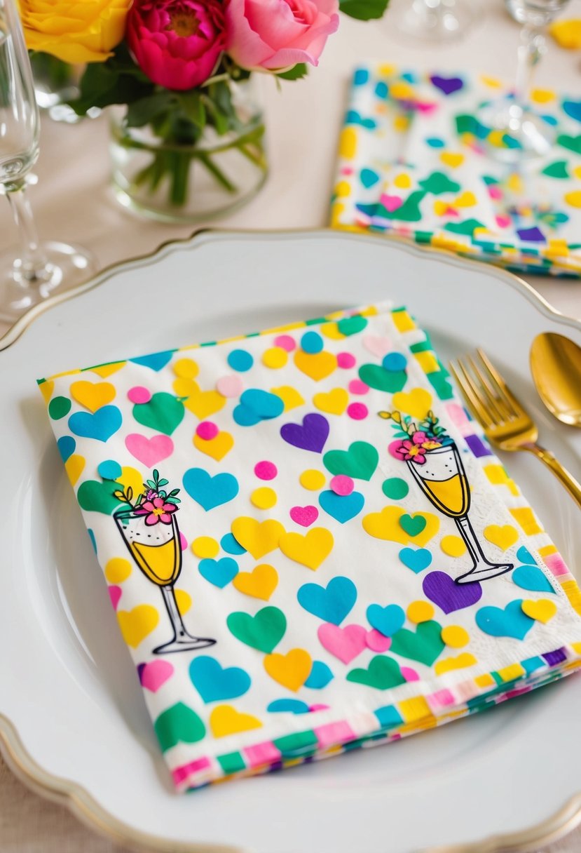 Colorful confetti and playful patterns cover wedding napkins, with whimsical illustrations of hearts, flowers, and champagne glasses adding a fun touch