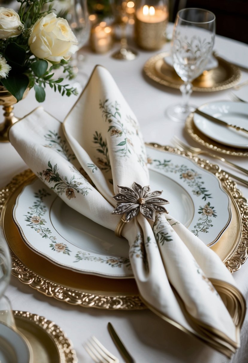 A table setting with elegant, ornate napkins folded into intricate designs, adorned with delicate floral patterns and metallic accents