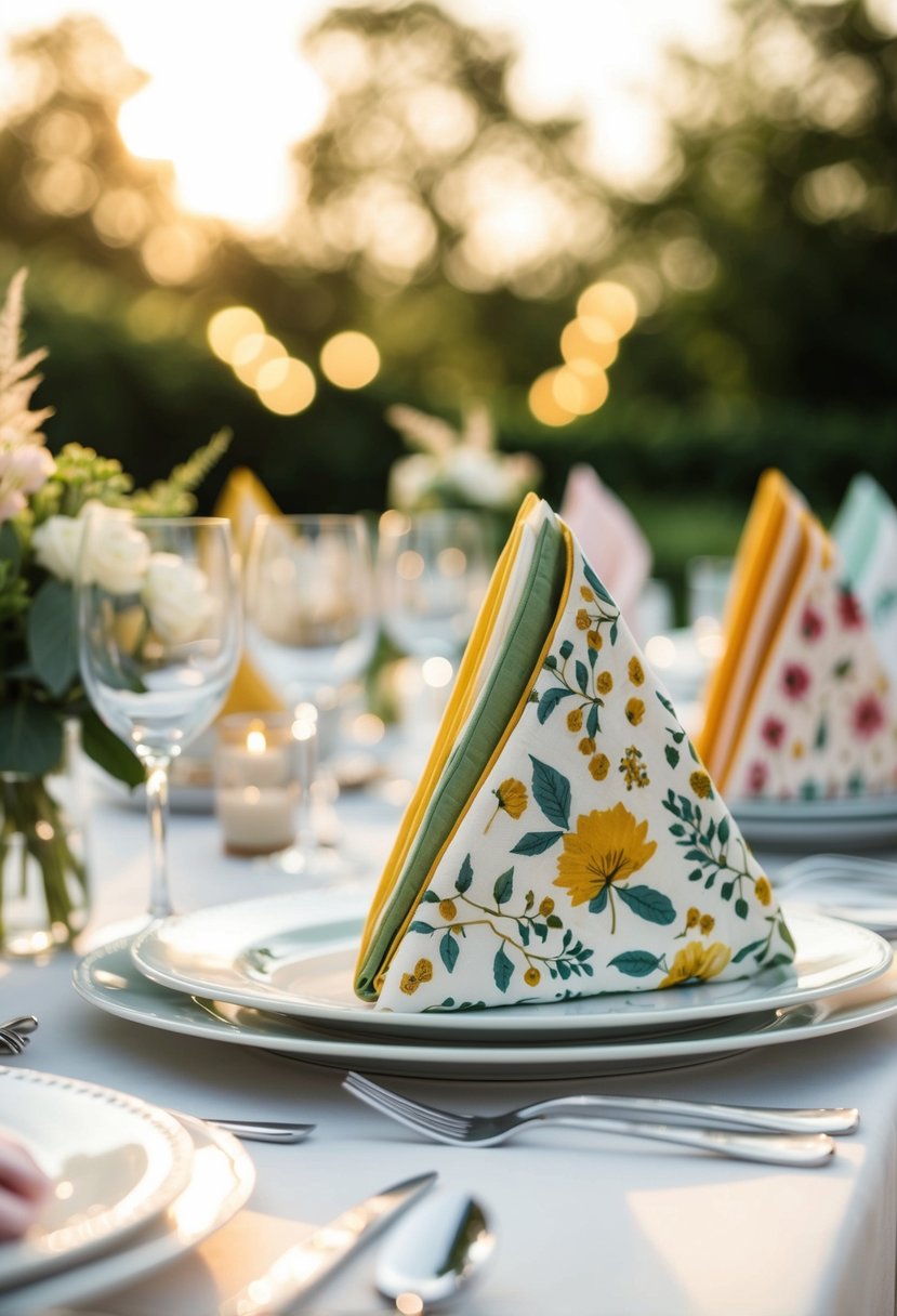 A table set with elegant, folded napkins in various thematic and seasonal designs, such as flowers, leaves, and wedding motifs