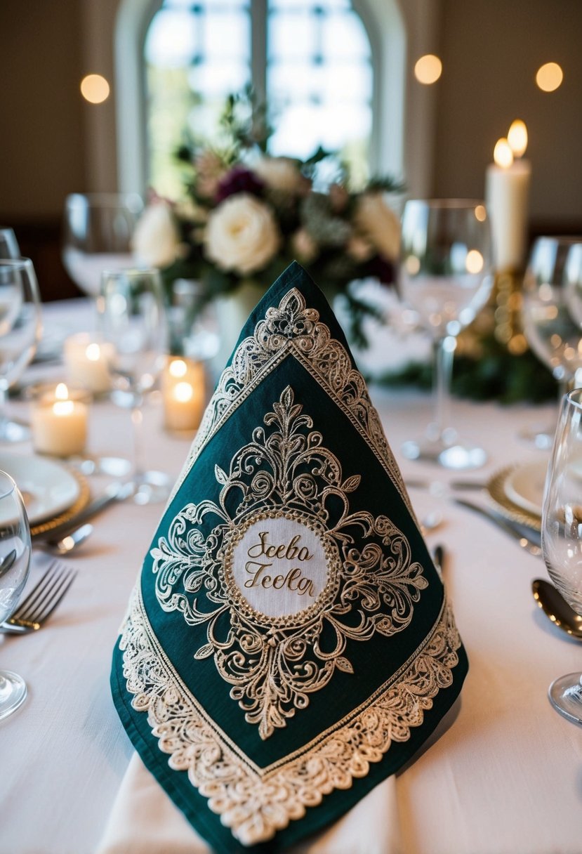 A beautifully decorated wedding napkin with intricate patterns and personalized details