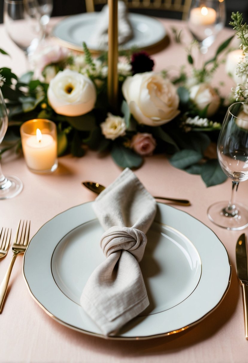 A chic knotted napkin placed on a wedding reception table with elegant tableware and floral arrangements