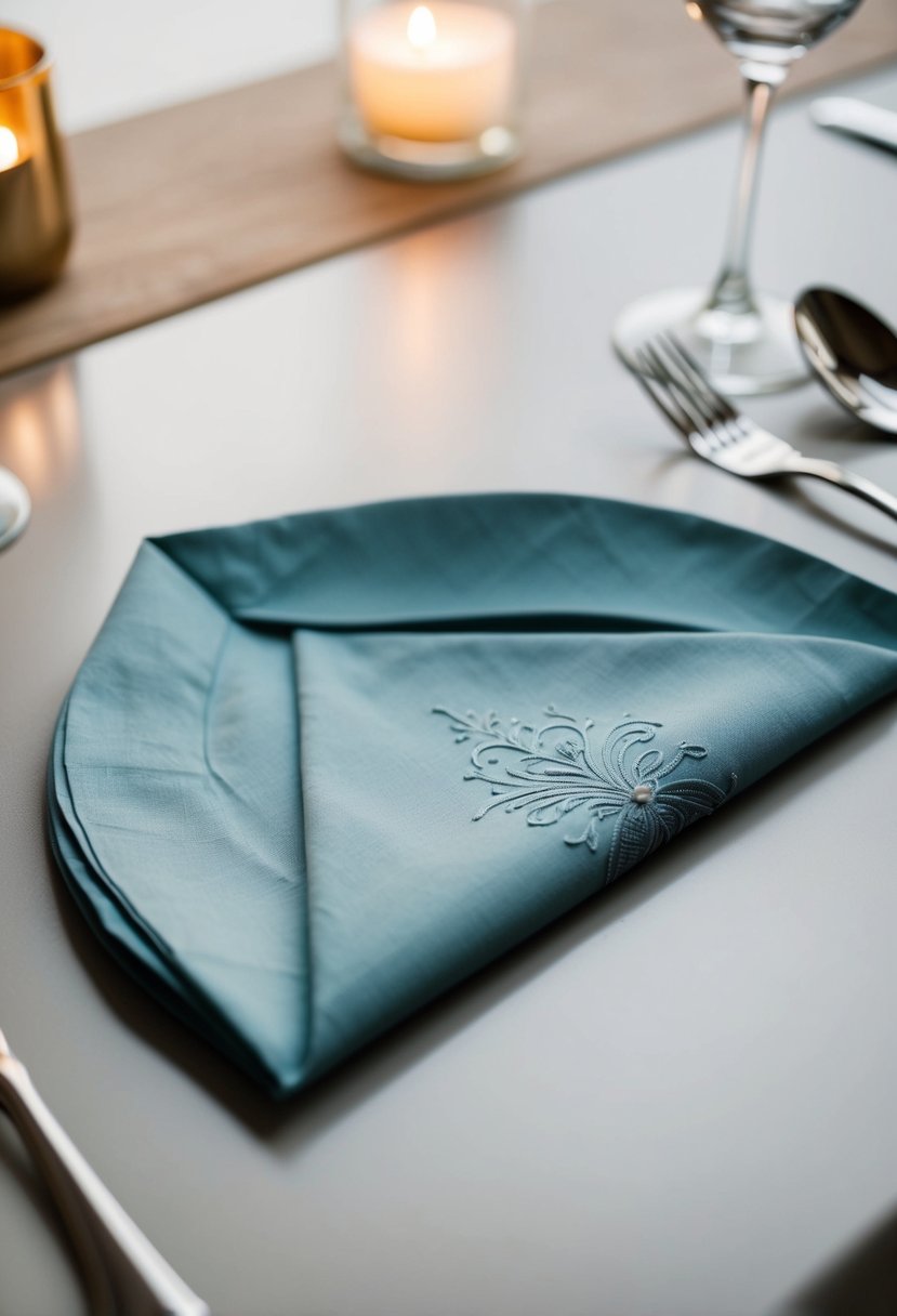 A modern tri-fold pocket wedding napkin with sleek, minimalist design and elegant embossed details