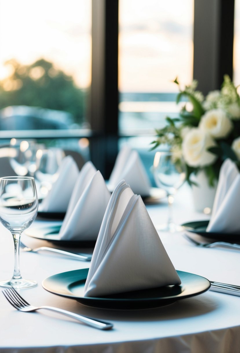 A sleek, modern wedding table setting with folded crisp contemporary napkins arranged in an elegant display