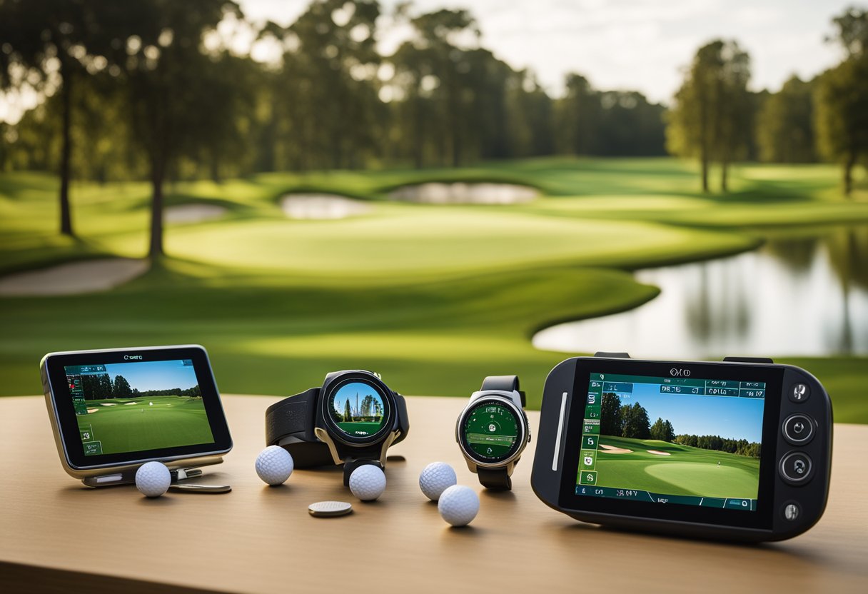 A golf course with multiple GPS devices displayed on a table, surrounded by rolling green fairways and lush trees