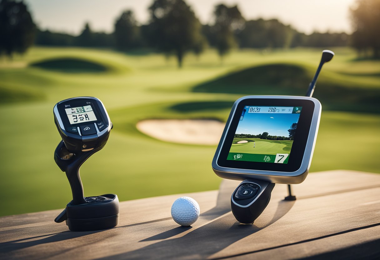 A golf GPS device displayed on a table with various features highlighted, surrounded by golf clubs and a golf course in the background