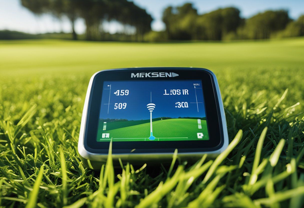 A golf GPS device displayed on a lush green golf course, with rolling fairways and a bright blue sky in the background